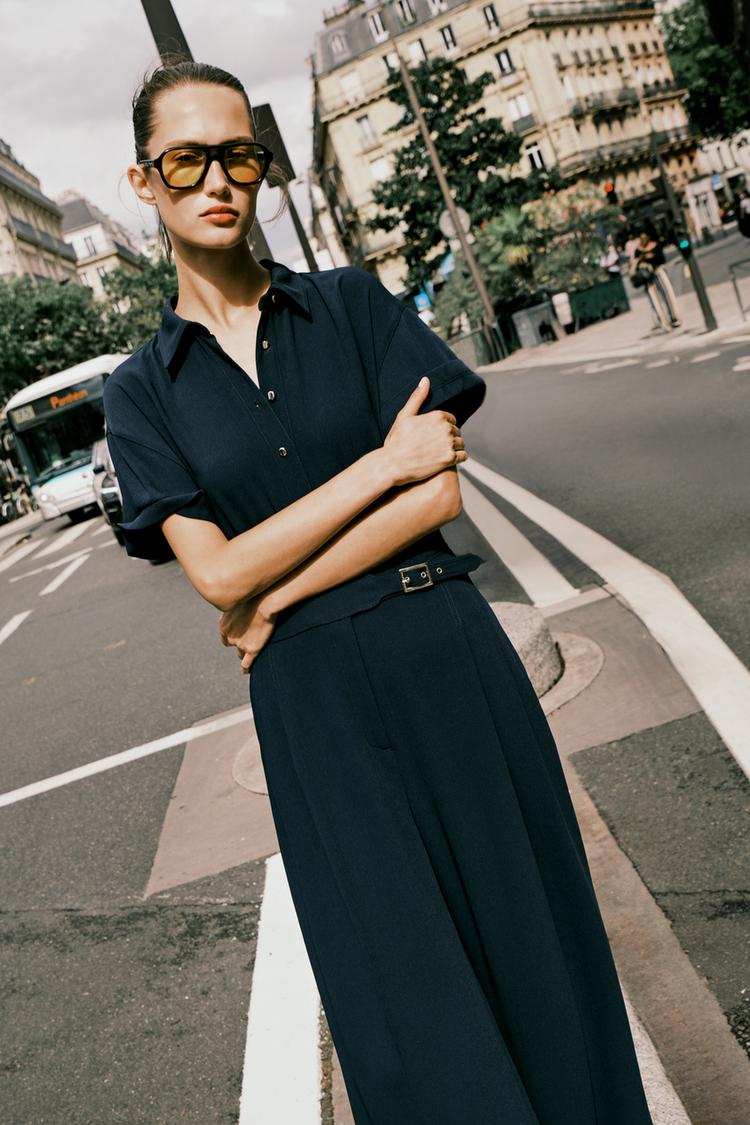 Zara Crepe Jumpsuit In Navy Blue