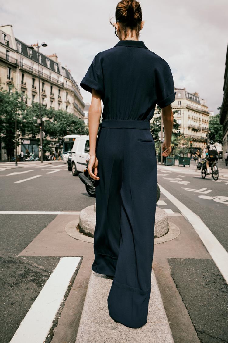 Zara Crepe Jumpsuit In Navy Blue