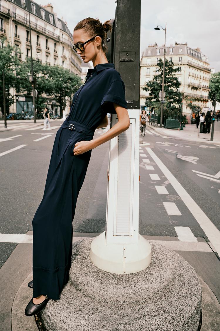 Zara Crepe Jumpsuit In Navy Blue