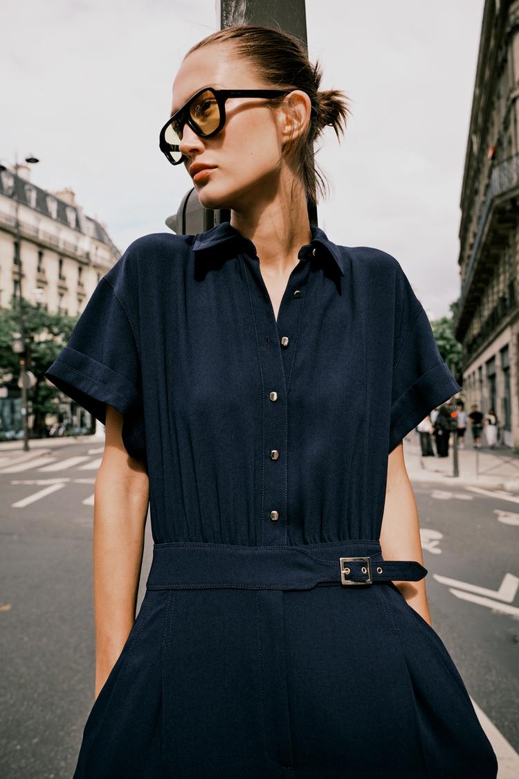 Zara Crepe Jumpsuit In Navy Blue