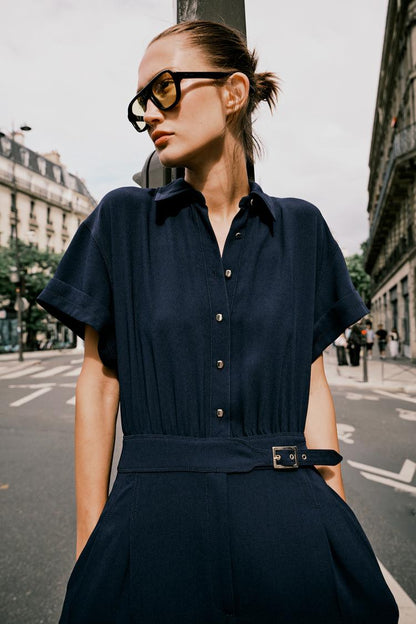 Zara Crepe Jumpsuit In Navy Blue