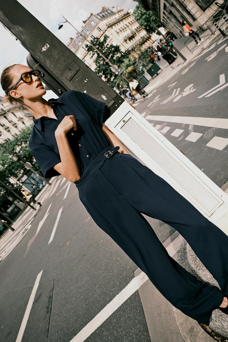 Zara Crepe Jumpsuit In Navy Blue