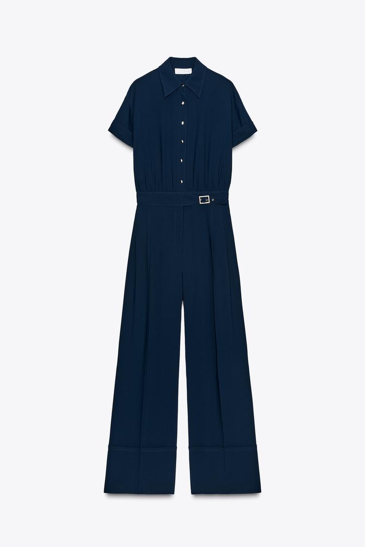 Zara Crepe Jumpsuit In Navy Blue
