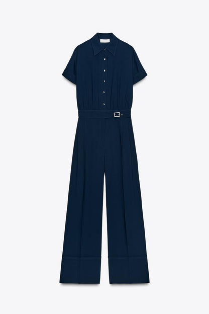 Zara Crepe Jumpsuit In Navy Blue