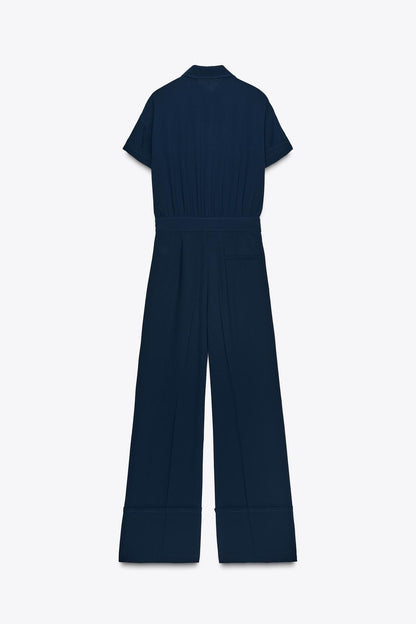 Zara Crepe Jumpsuit In Navy Blue