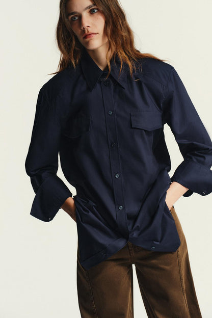 POPLIN SHIRT WITH SHOULDER PADS Navy