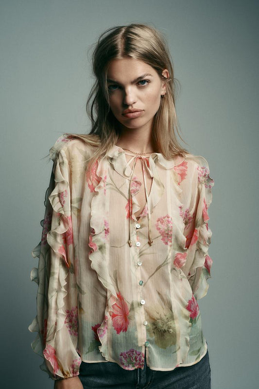 Semi-Sheer Floral Print Shirt