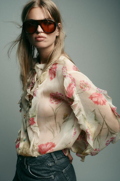 Semi-Sheer Floral Print Shirt