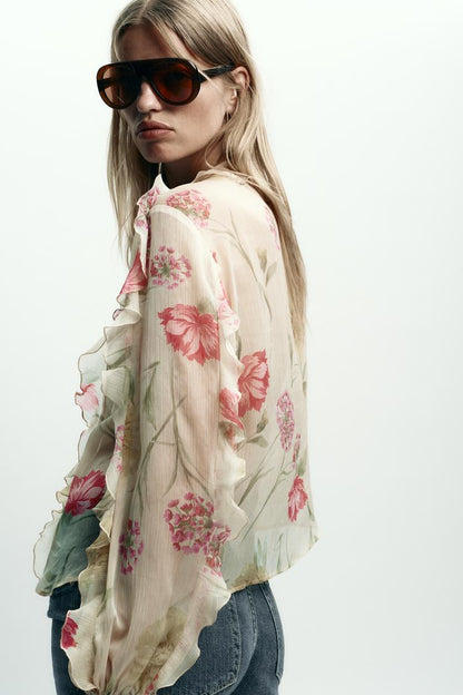 Semi-Sheer Floral Print Shirt