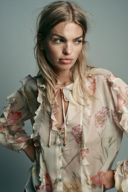 Semi-Sheer Floral Print Shirt