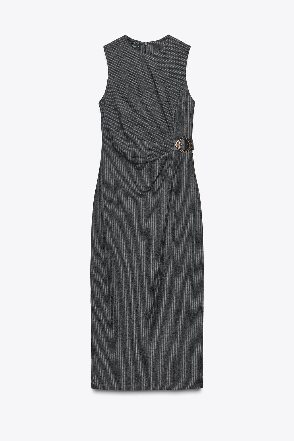 STRIPED MIDI DRESS WITH BUCKLE Grey