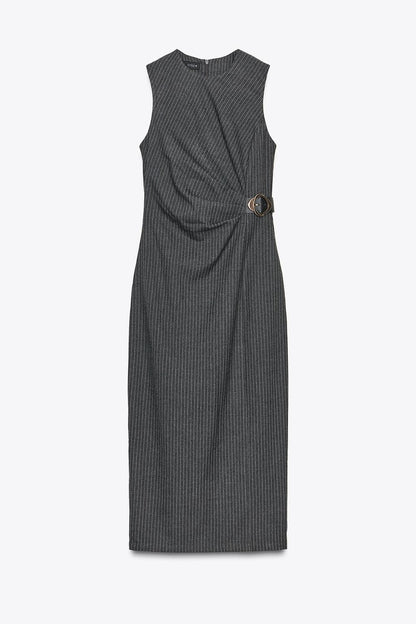 STRIPED MIDI DRESS WITH BUCKLE Grey