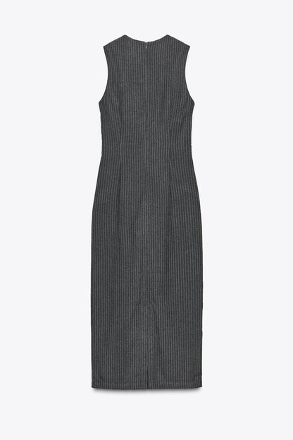 STRIPED MIDI DRESS WITH BUCKLE Grey