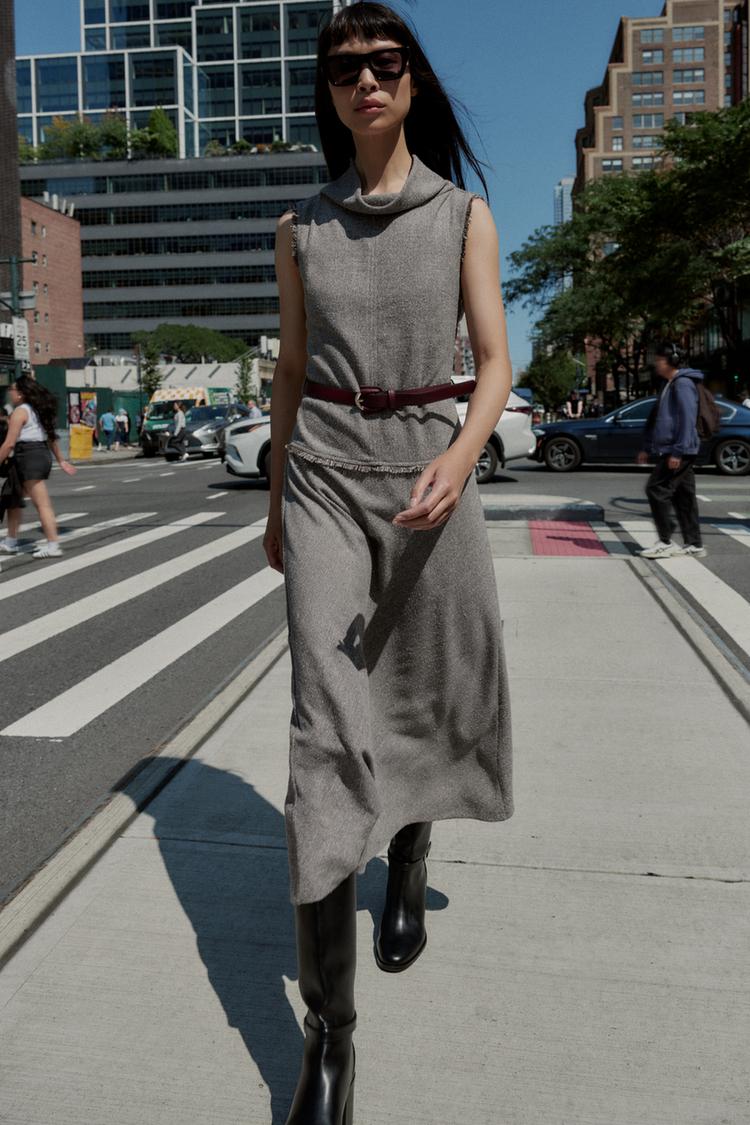 Textured Belted Midi Dress