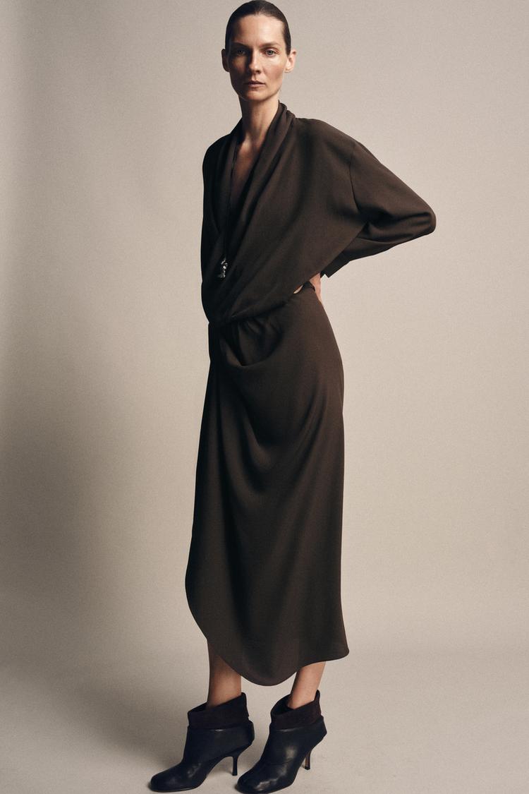 Zara Draped Dress In Dark Brown