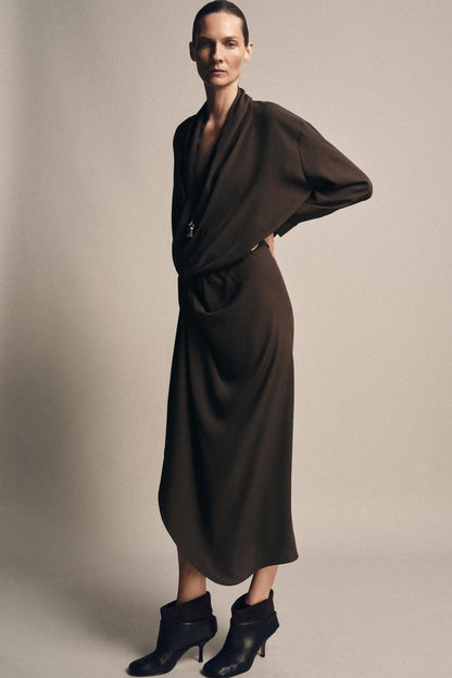 Zara Draped Dress In Dark Brown