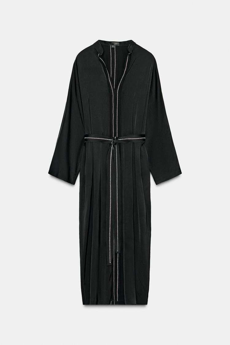 Topstitched Tunic Mono Satin Kaftan Dress Black