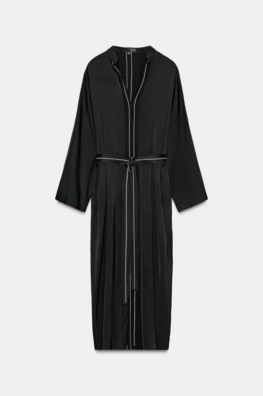 Topstitched Tunic Mono Satin Kaftan Dress Black
