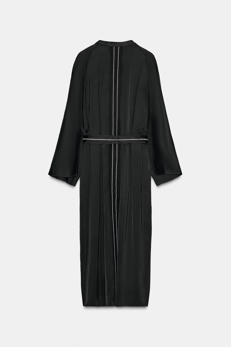 Topstitched Tunic Mono Satin Kaftan Dress Black