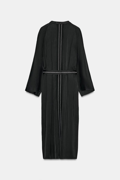 Topstitched Tunic Mono Satin Kaftan Dress Black