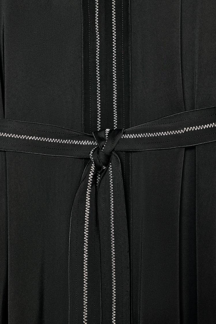 Topstitched Tunic Mono Satin Kaftan Dress Black