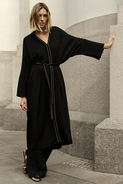 Topstitched Tunic Mono Satin Kaftan Dress Black