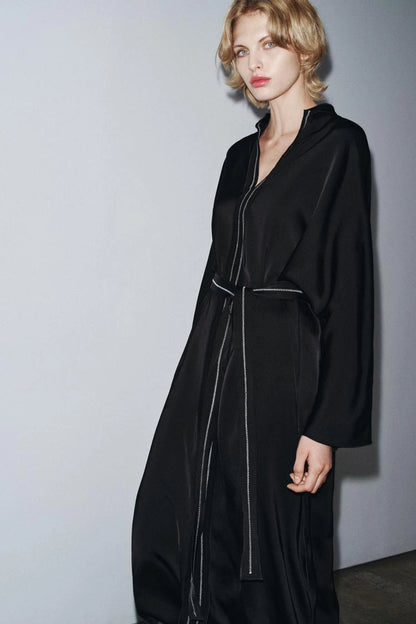 Topstitched Tunic Mono Satin Kaftan Dress Black