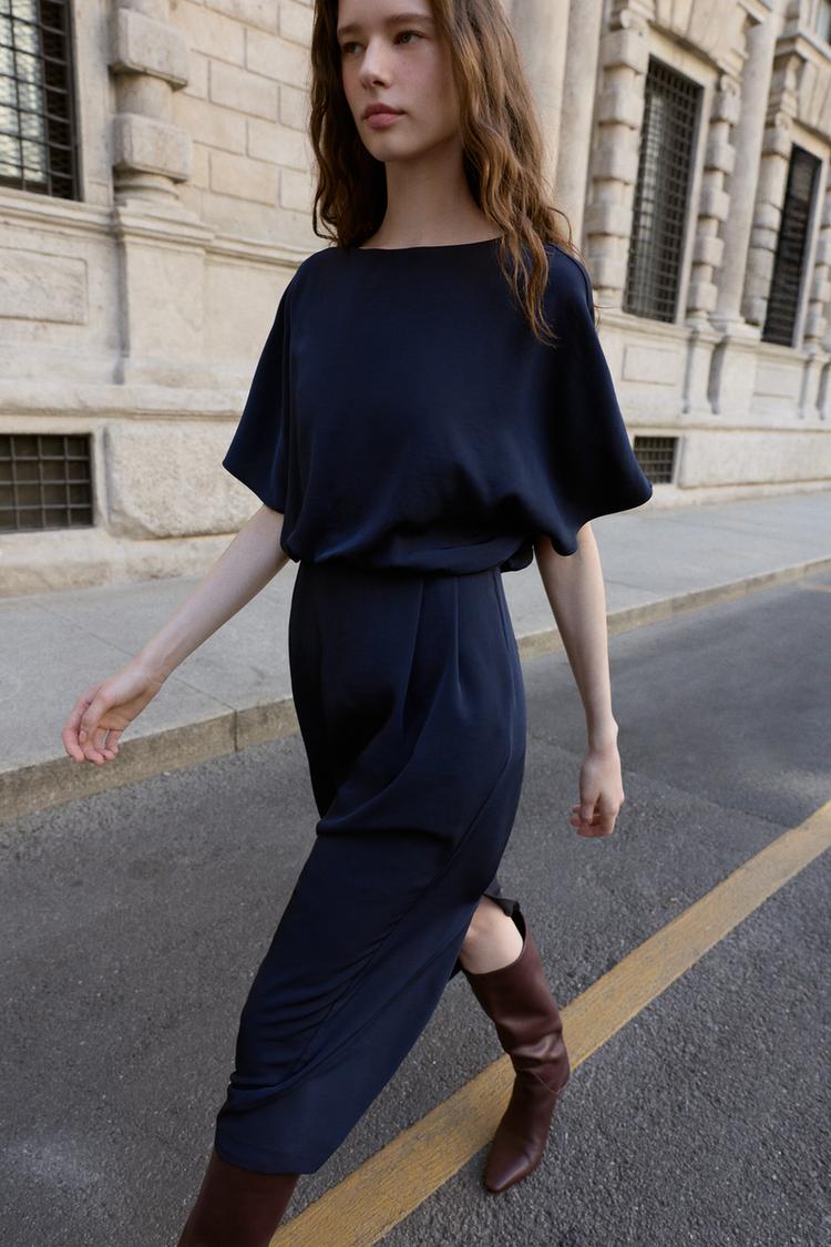 Zara Round Neck Short Sleeves Dress Navy Blue