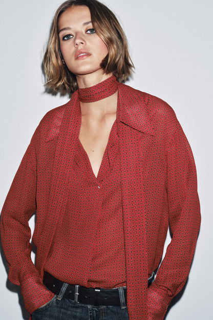 Tie Neck Long Sleeve Blouse