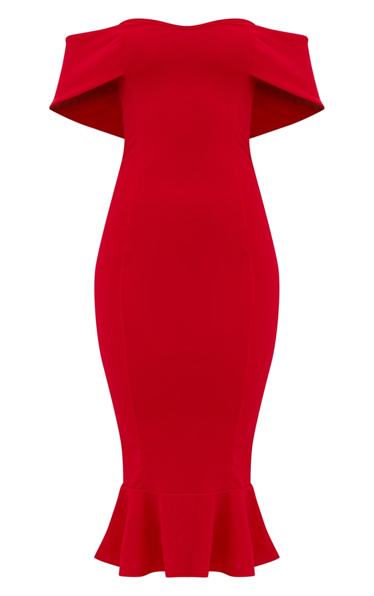 Red Bardot Frill Hem Midi Dress