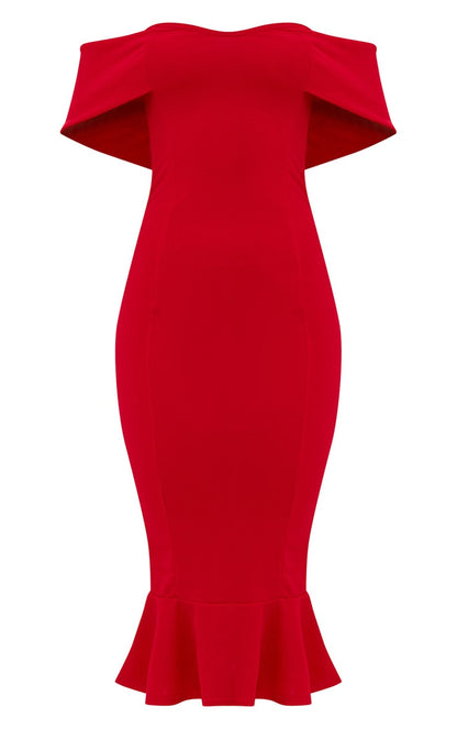 Red Bardot Frill Hem Midi Dress