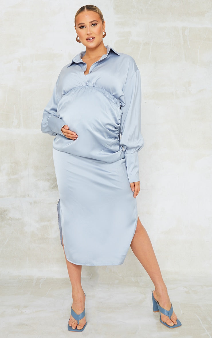 Maternity Blue Satin Midi Skirt