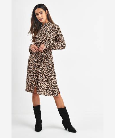 Animal Print Belted Shirt Dress