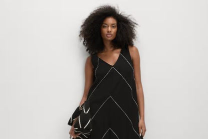 Linen Blend Embroidered Midaxi Shift Dress