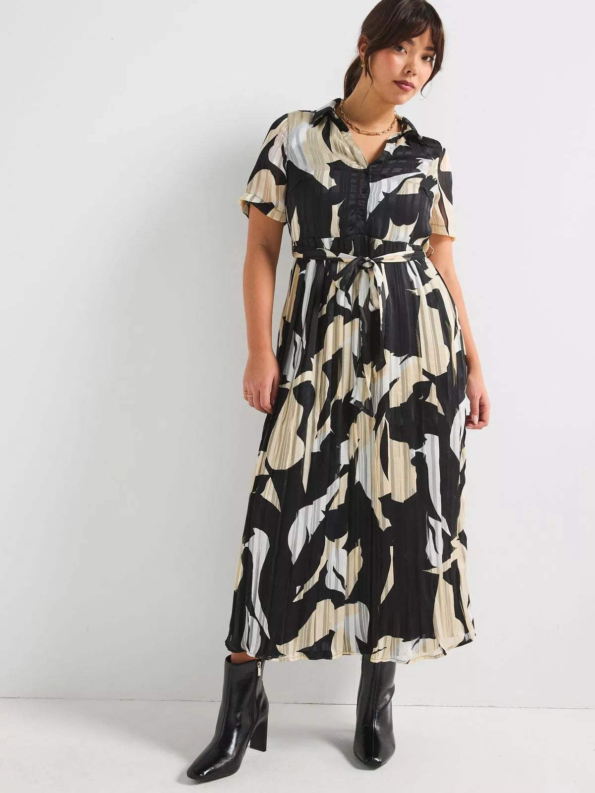 Curve Pleated Skirt Midi Dress - Print