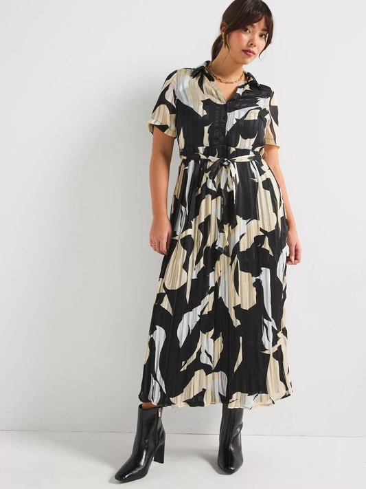 Curve Pleated Skirt Midi Dress - Print