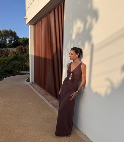 Double Shell Trim Jersey Midaxi Dress - Brown