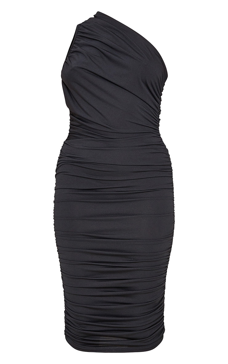 Petite Black Slinky Ruched One Shoulder Longline Midi Dr