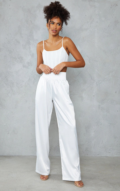 White Satin Extreme High Waist Wide Leg Trousers