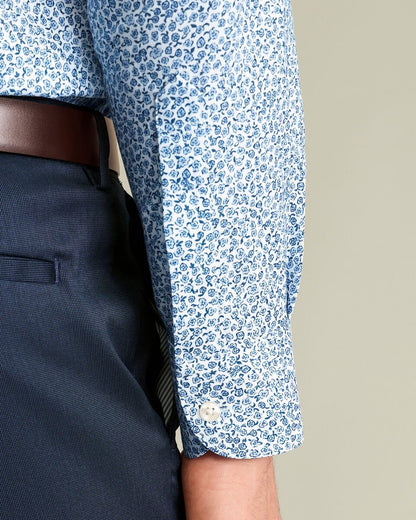 Semi-Cutaway Collar Non-Iron Stretch Floral Print Shirt – White & Sky Blue