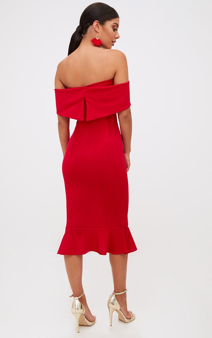 Red Bardot Frill Hem Midi Dress