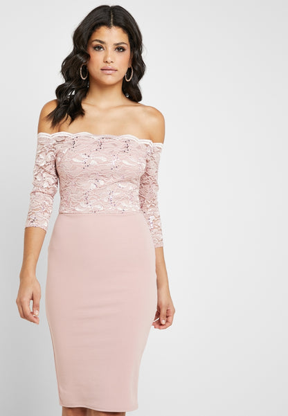 Scallop Bardot Lace Bodycon Dress