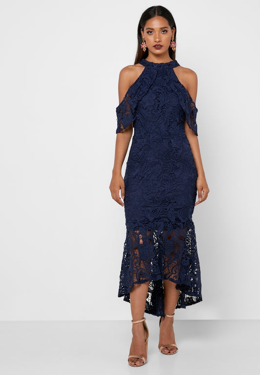 Navy Guipure Neck Low High Dress