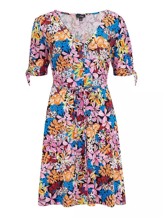 Bella Slinky Jersey Tie Sleeve Tea Dress - Multi