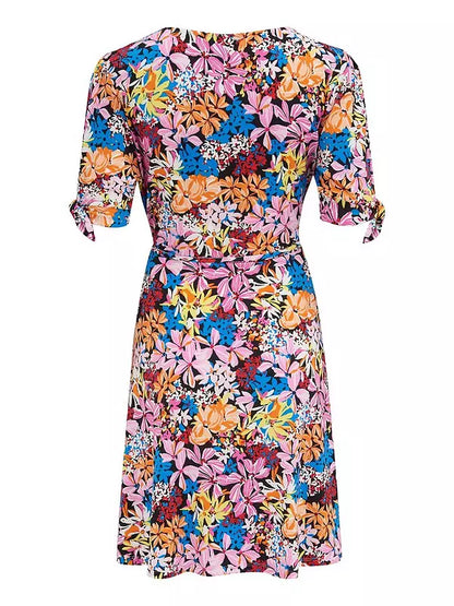 Bella Slinky Jersey Tie Sleeve Tea Dress - Multi