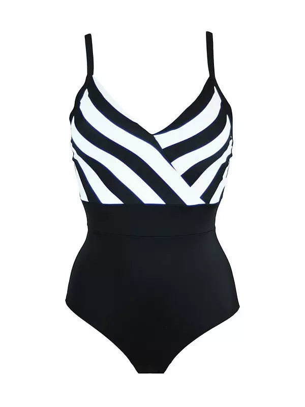 High Line V Neck Tummy Control Swimsuit - Black/White