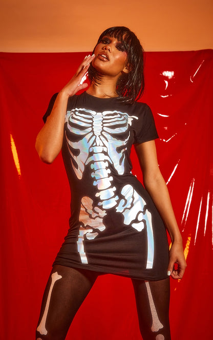 Black Skeleton Holographic Print T-shirt Dress