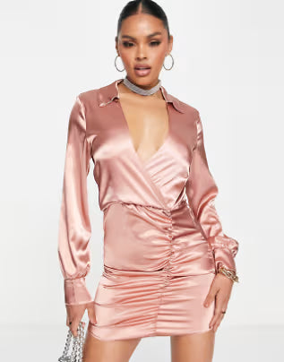First Distraction Satin Shirt Dress in Blush Pink