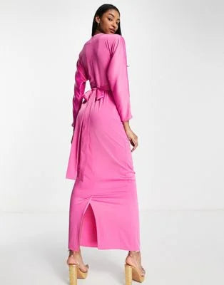 ASOS DESIGN Maxi Dress with Batwing Sleeve and Wrap Waist in Satin in Bright Pink