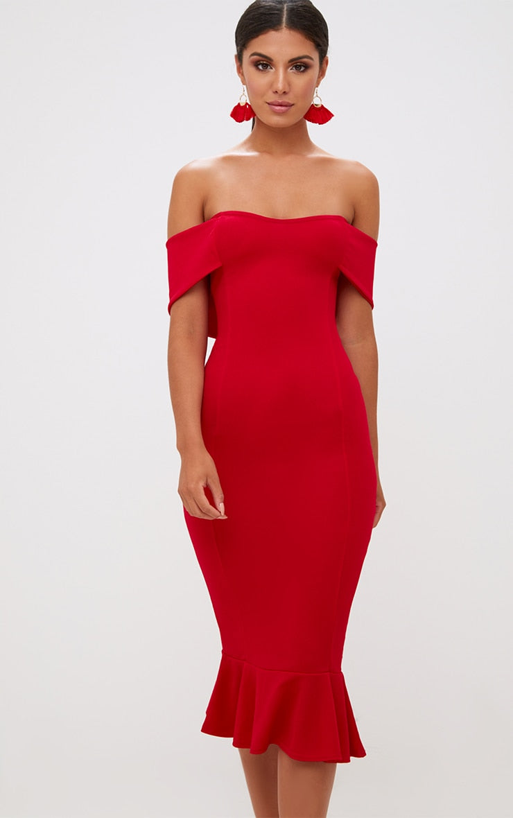 Red Bardot Frill Hem Midi Dress